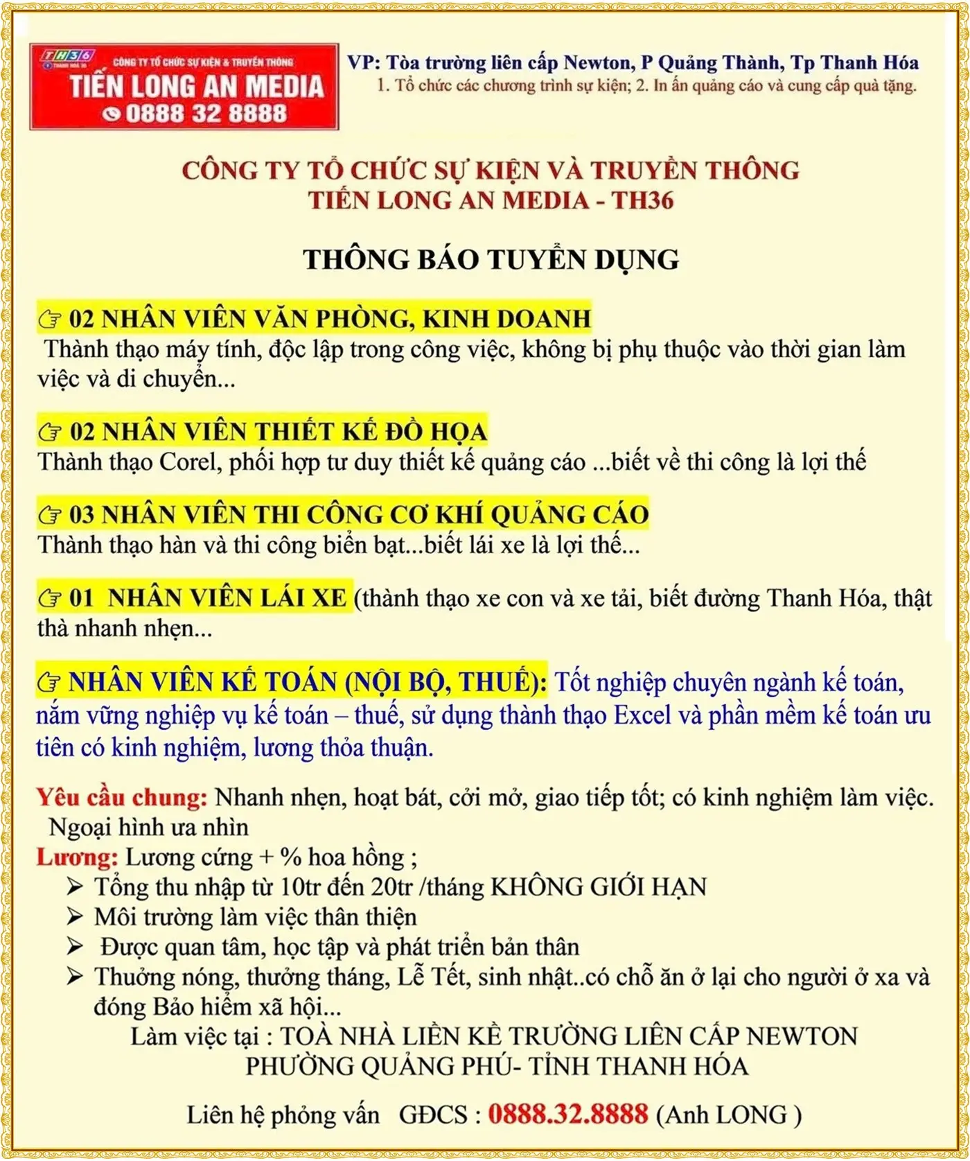 Công ty tiến long an Media Thanh Hóa tuyển gấp kế toán và nhiều vị trí khác